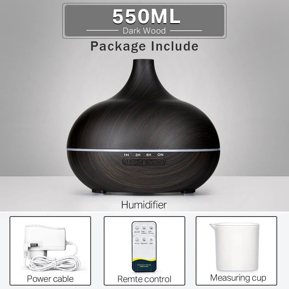 Wood Grain Aromatherapy Diffuser Remote Control LED Ultrasonic Humidifier