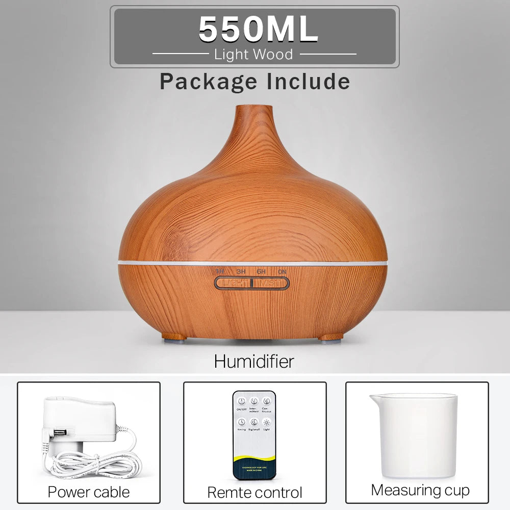 Wood Grain Aromatherapy Diffuser Remote Control LED Ultrasonic Humidifier