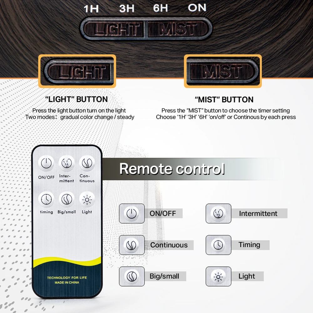 Wood Grain Aromatherapy Diffuser Remote Control LED Ultrasonic Humidifier