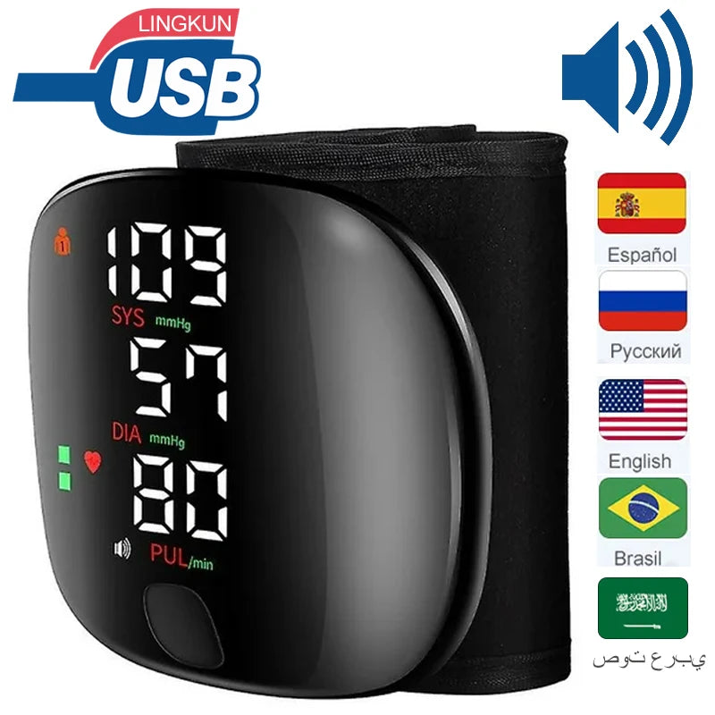 LED Rechargeable Wrist Blood Pressure Monitor Voice Broadcast Tonometer