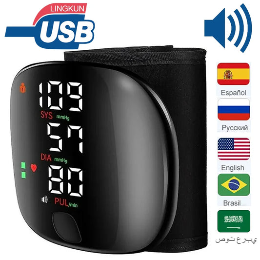 LED Rechargeable Wrist Blood Pressure Monitor Voice Broadcast Tonometer
