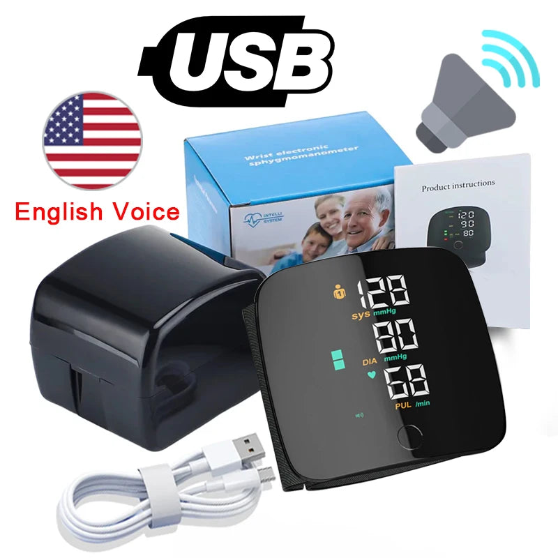 LED Rechargeable Wrist Blood Pressure Monitor Voice Broadcast Tonometer