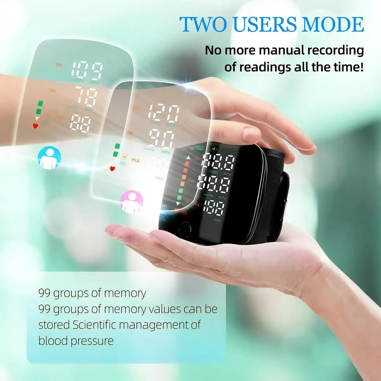 LED Rechargeable Wrist Blood Pressure Monitor Voice Broadcast Tonometer