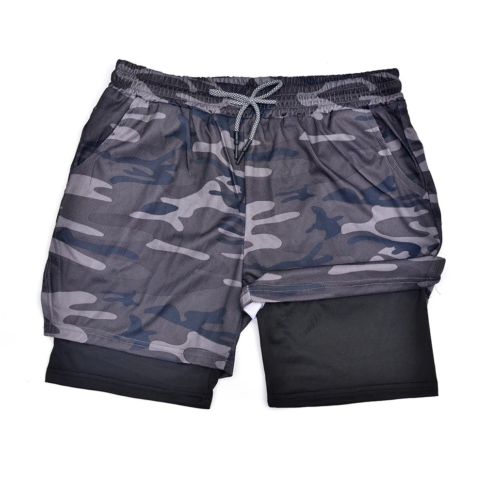 Mens Double Layer Fitness Shorts 2 in 1 Workout