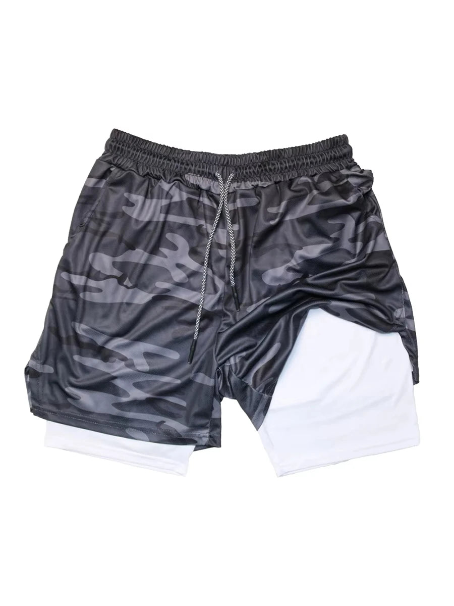 Mens Double Layer Fitness Shorts 2 in 1 Workout