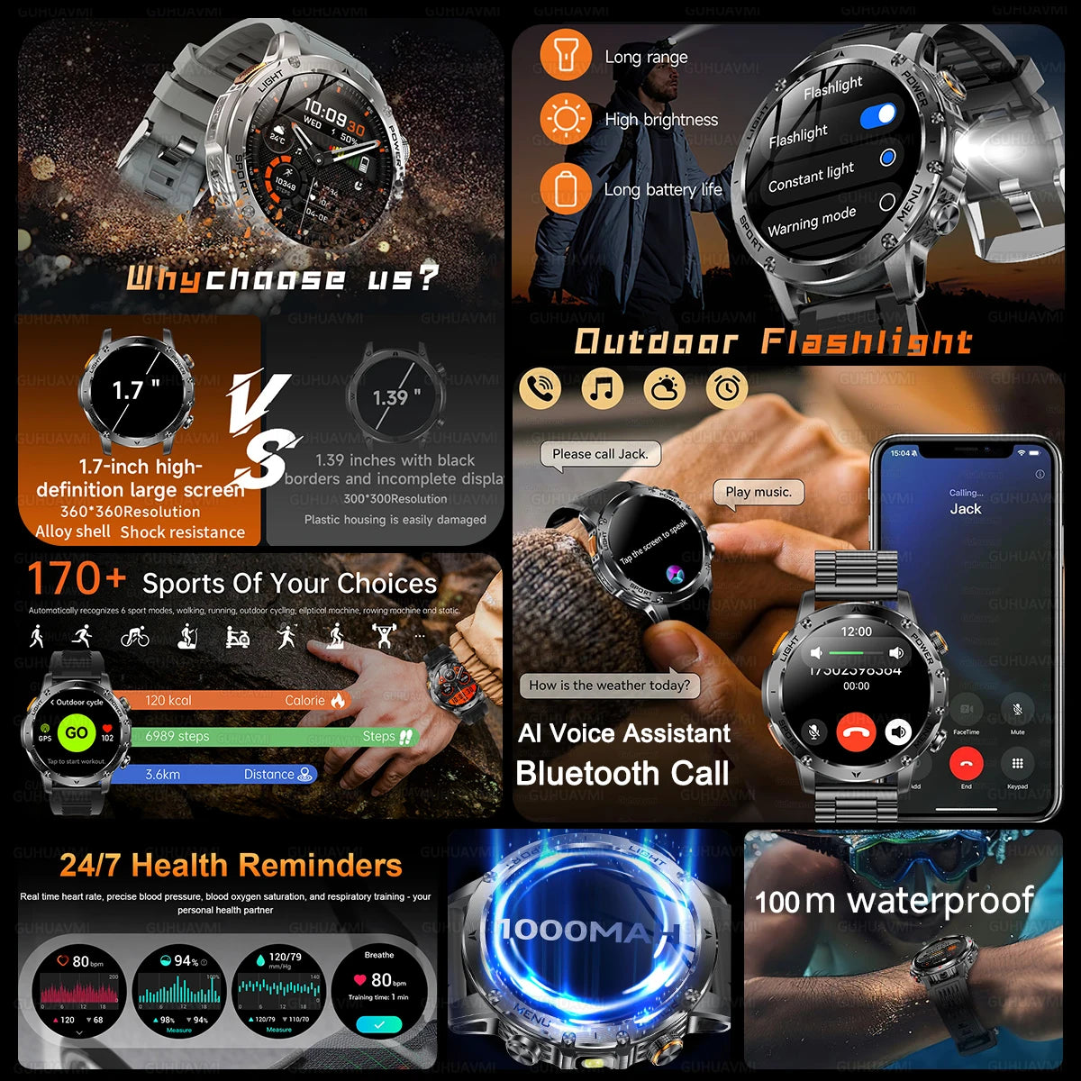 Military Smart Watch 1000mAh Battery 10ATM Waterproof Fitness Tracker