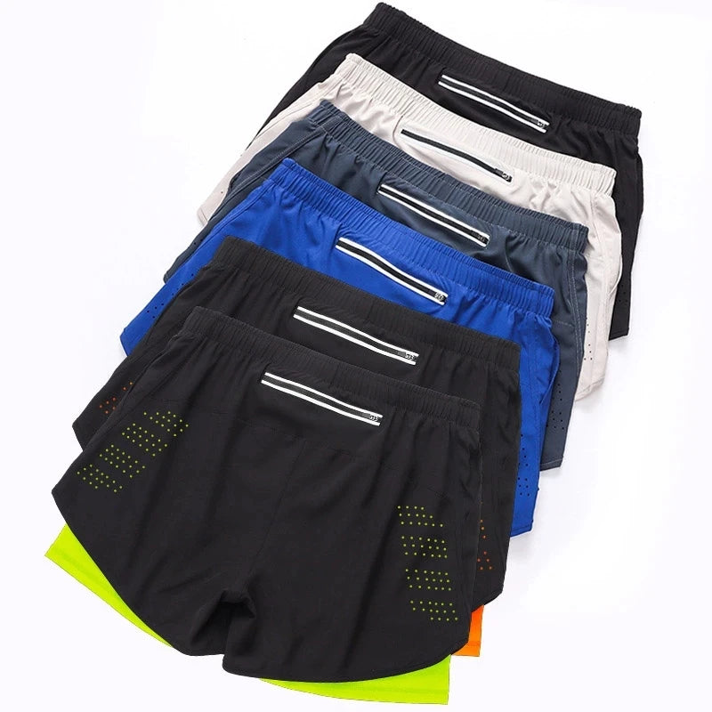 Mens Quick Dry Double Layer Running Shorts Fitness Workout