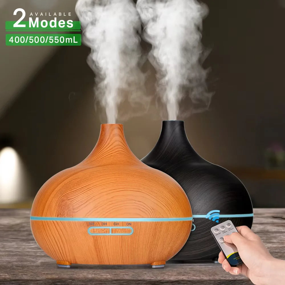 Wood Grain Aromatherapy Diffuser Remote Control LED Ultrasonic Humidifier