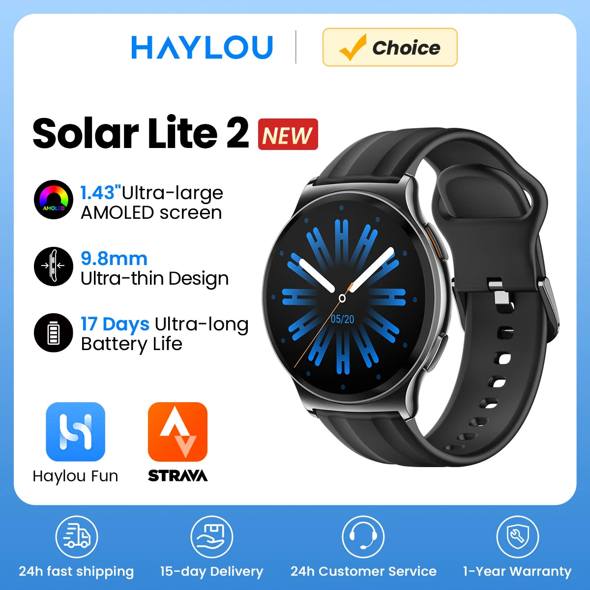 Solar Lite 2 Smartwatch AMOLED Display Health Sports Modes