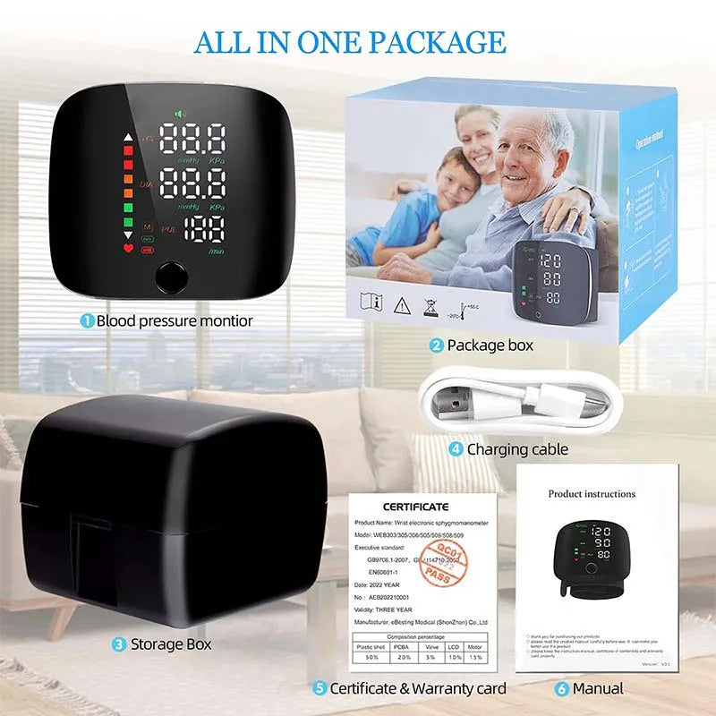 LED Rechargeable Wrist Blood Pressure Monitor Voice Broadcast Tonometer
