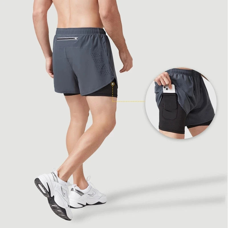 Mens Quick Dry Double Layer Running Shorts Fitness Workout
