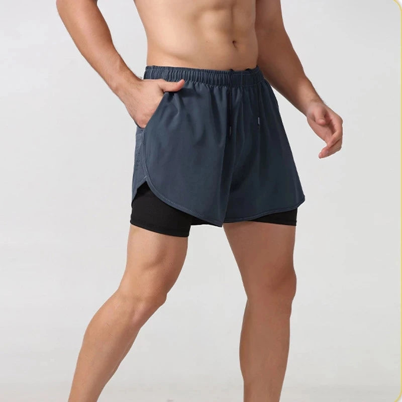 Mens Quick Dry Double Layer Running Shorts Fitness Workout