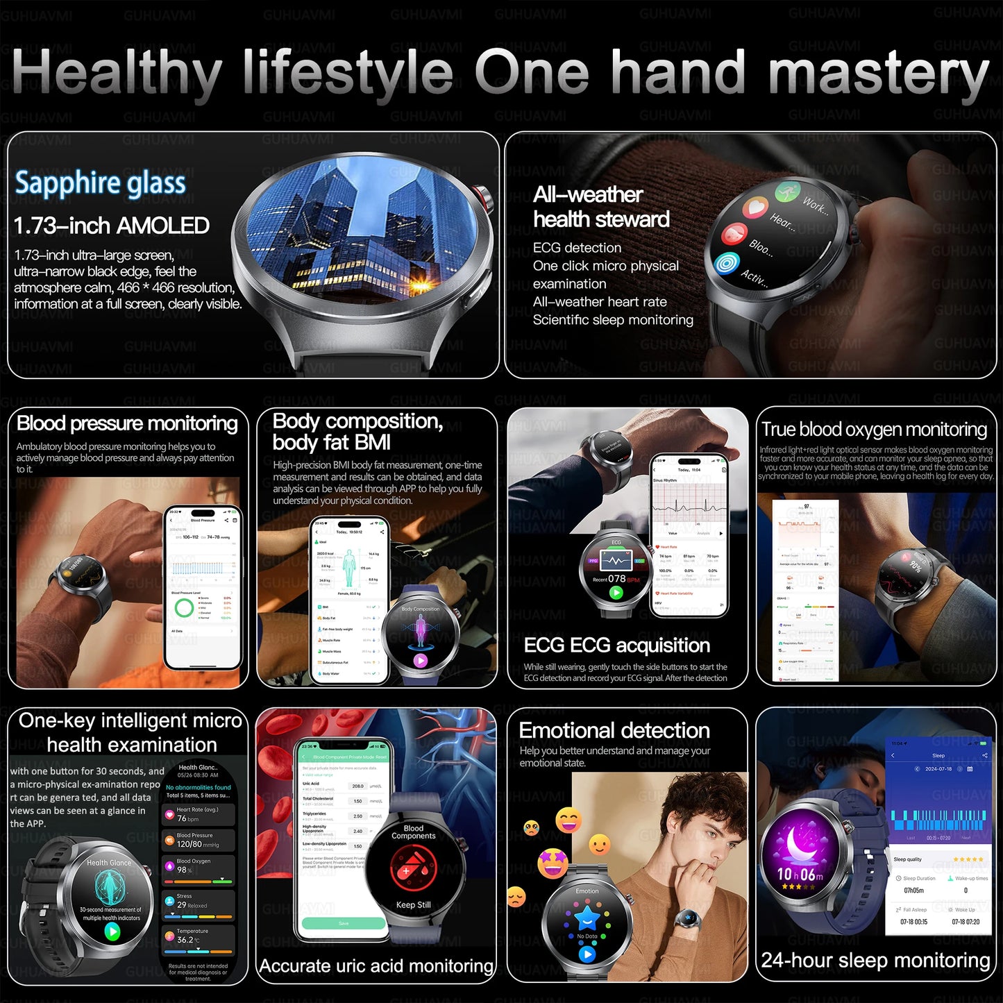 Smart Watch Sapphire Glass Health Tracker ECG Blood Pressure