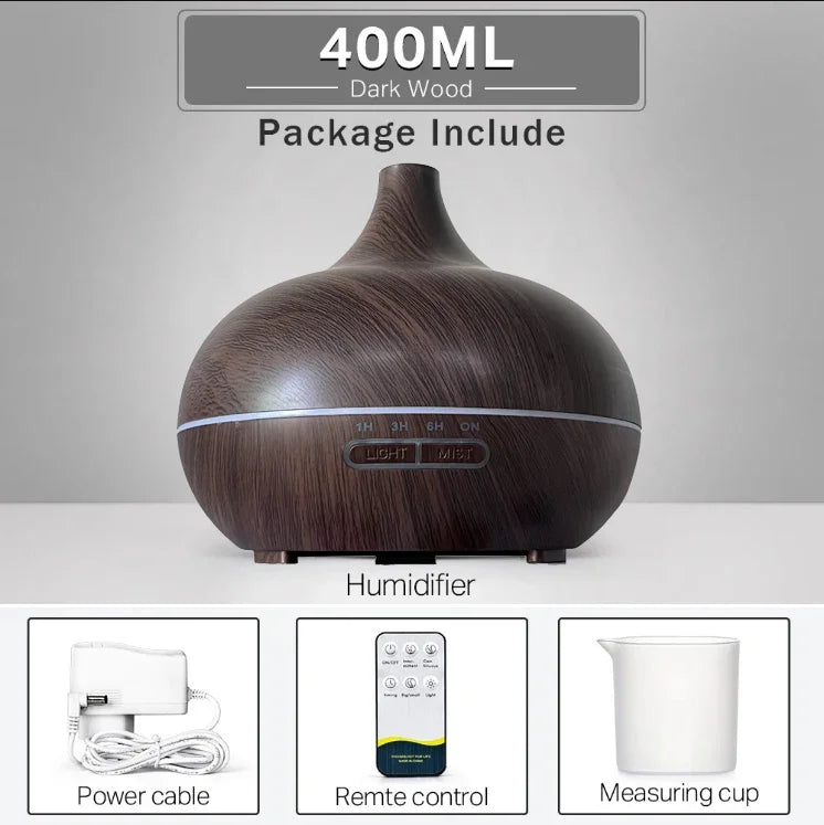 Wood Grain Aromatherapy Diffuser Remote Control LED Ultrasonic Humidifier