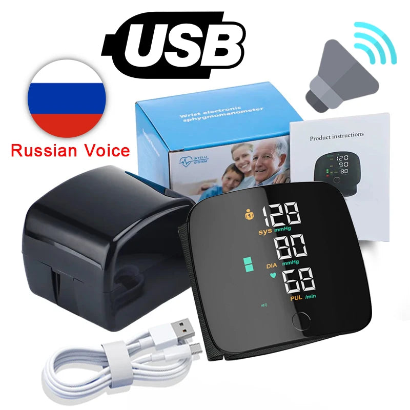 LED Rechargeable Wrist Blood Pressure Monitor Voice Broadcast Tonometer