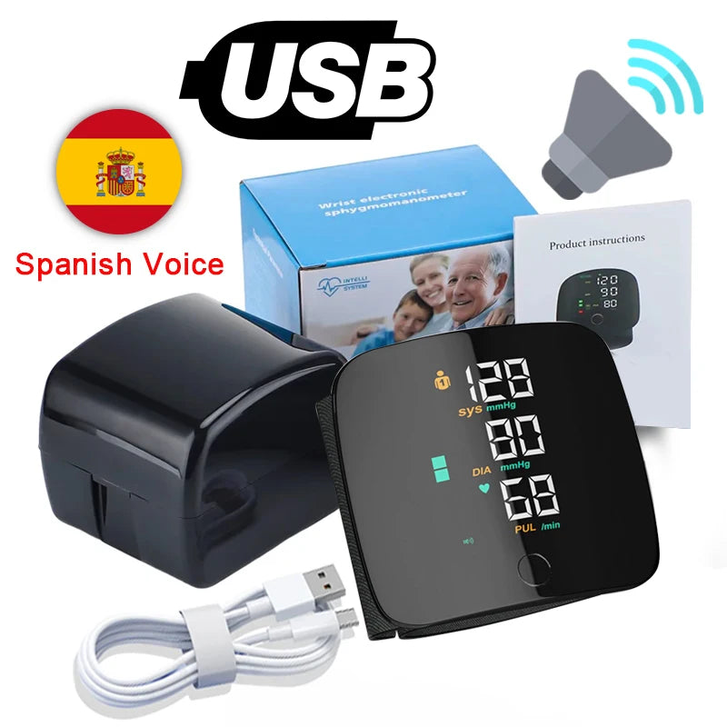 LED Rechargeable Wrist Blood Pressure Monitor Voice Broadcast Tonometer