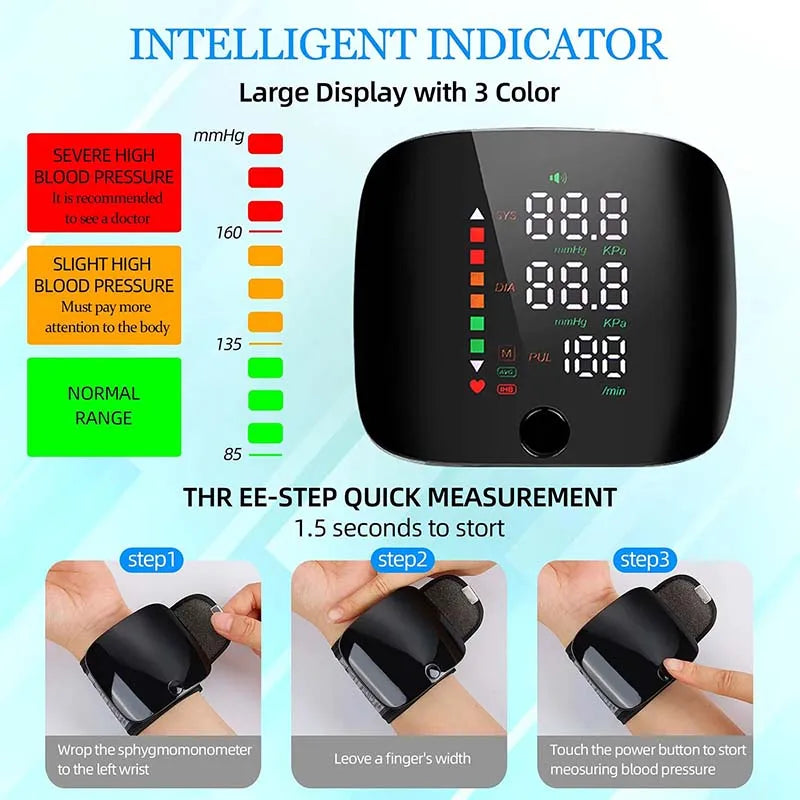 LED Rechargeable Wrist Blood Pressure Monitor Voice Broadcast Tonometer