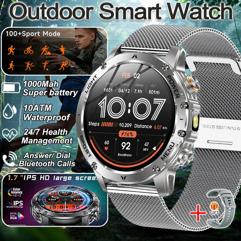 Military Smart Watch 1000mAh Battery 10ATM Waterproof Fitness Tracker