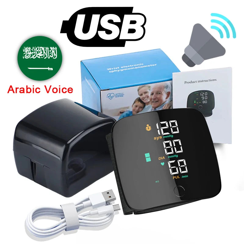 LED Rechargeable Wrist Blood Pressure Monitor Voice Broadcast Tonometer