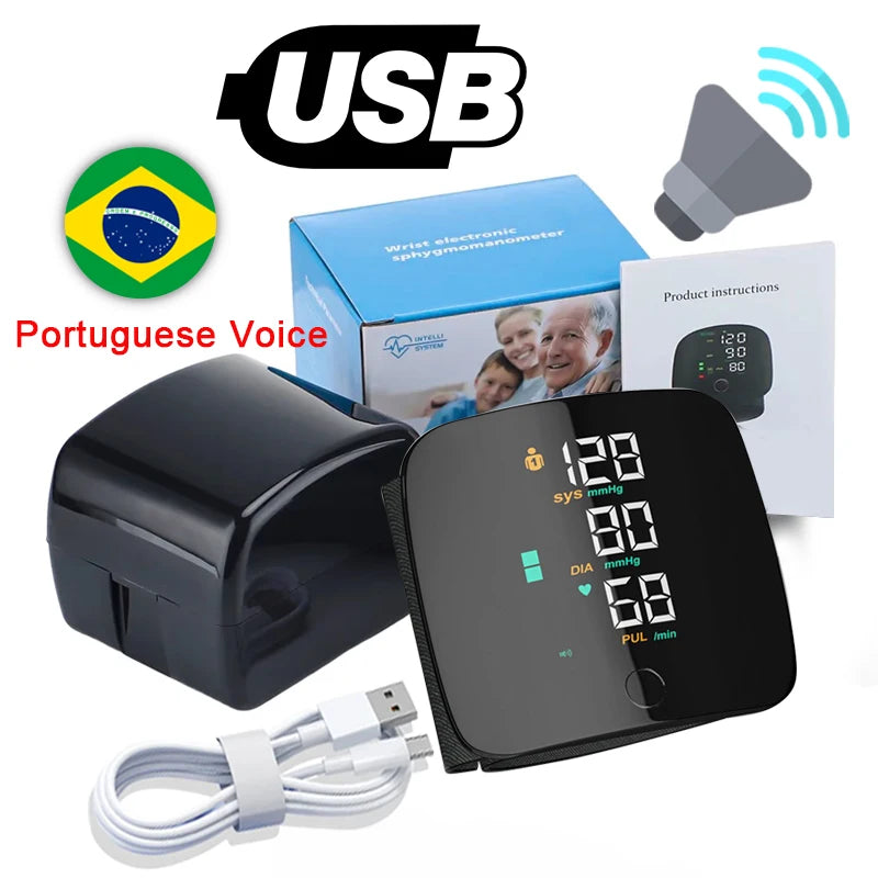 LED Rechargeable Wrist Blood Pressure Monitor Voice Broadcast Tonometer