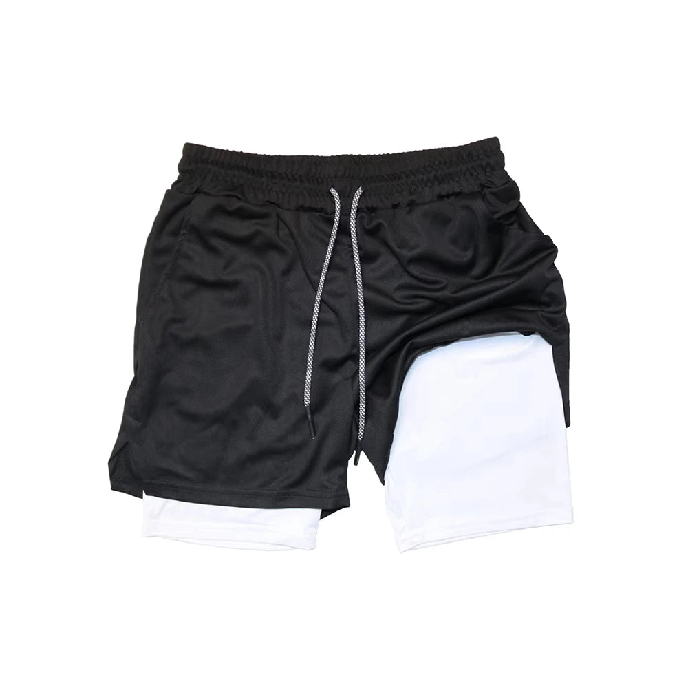 Mens Double Layer Fitness Shorts 2 in 1 Workout