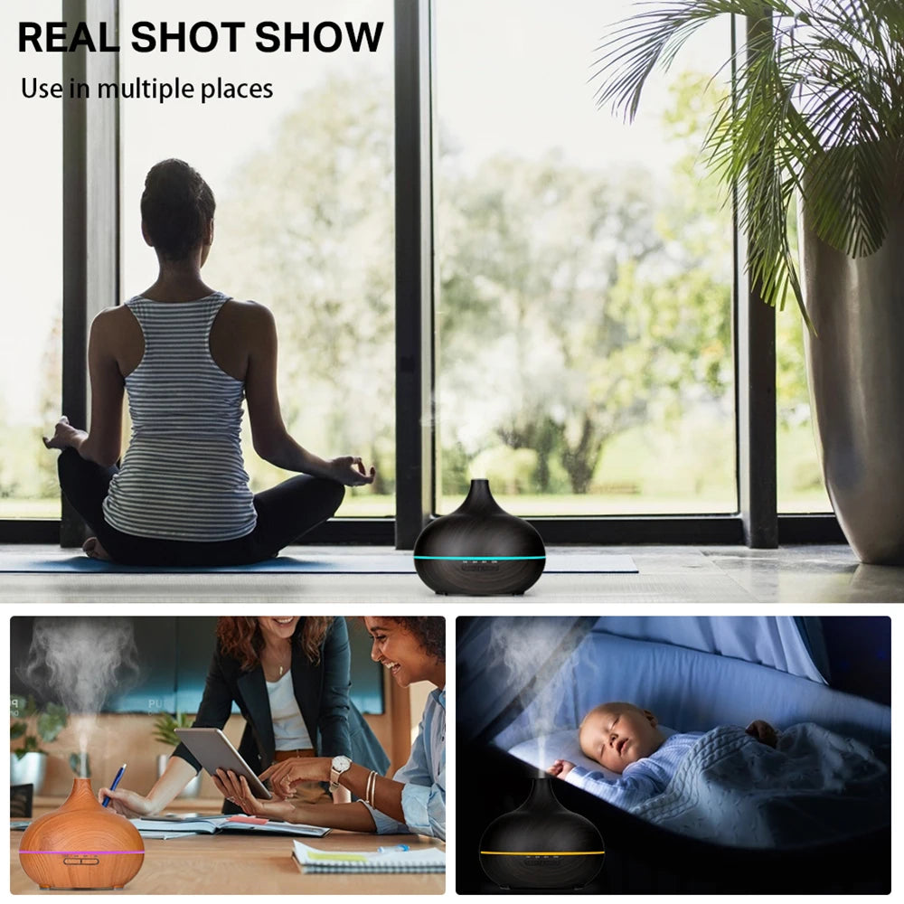 Wood Grain Aromatherapy Diffuser Remote Control LED Ultrasonic Humidifier