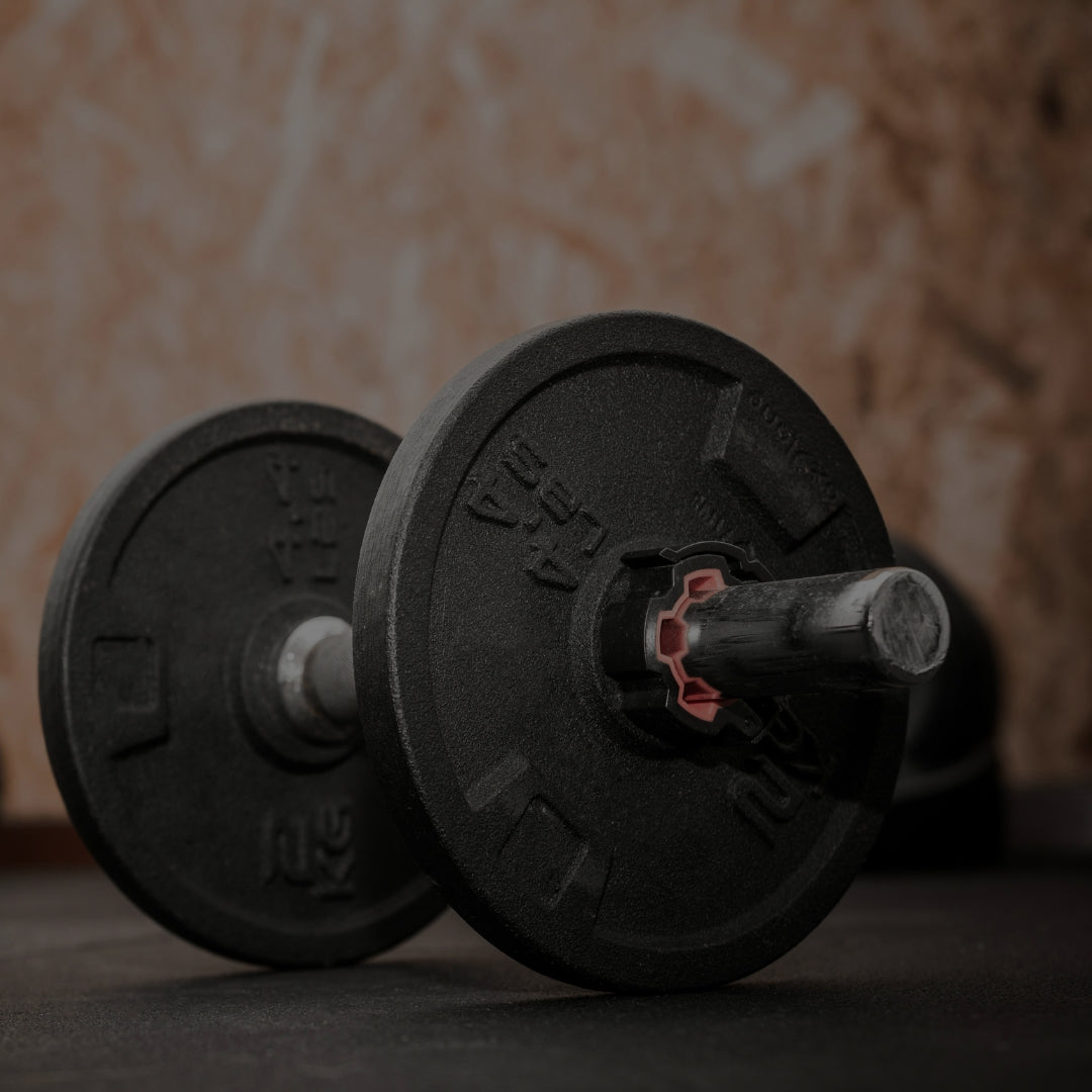 Pair of black weight plates on a wooden floor