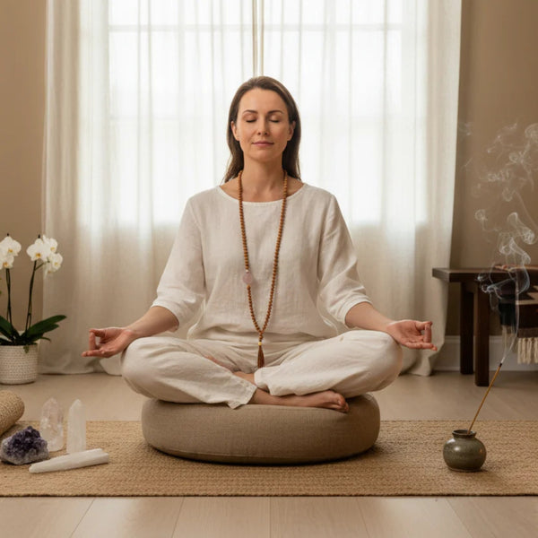 Woman meditating in a serene room with a flower arrangement and incense.