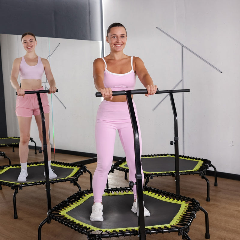 Woman exercising on a rebounder in a home setting