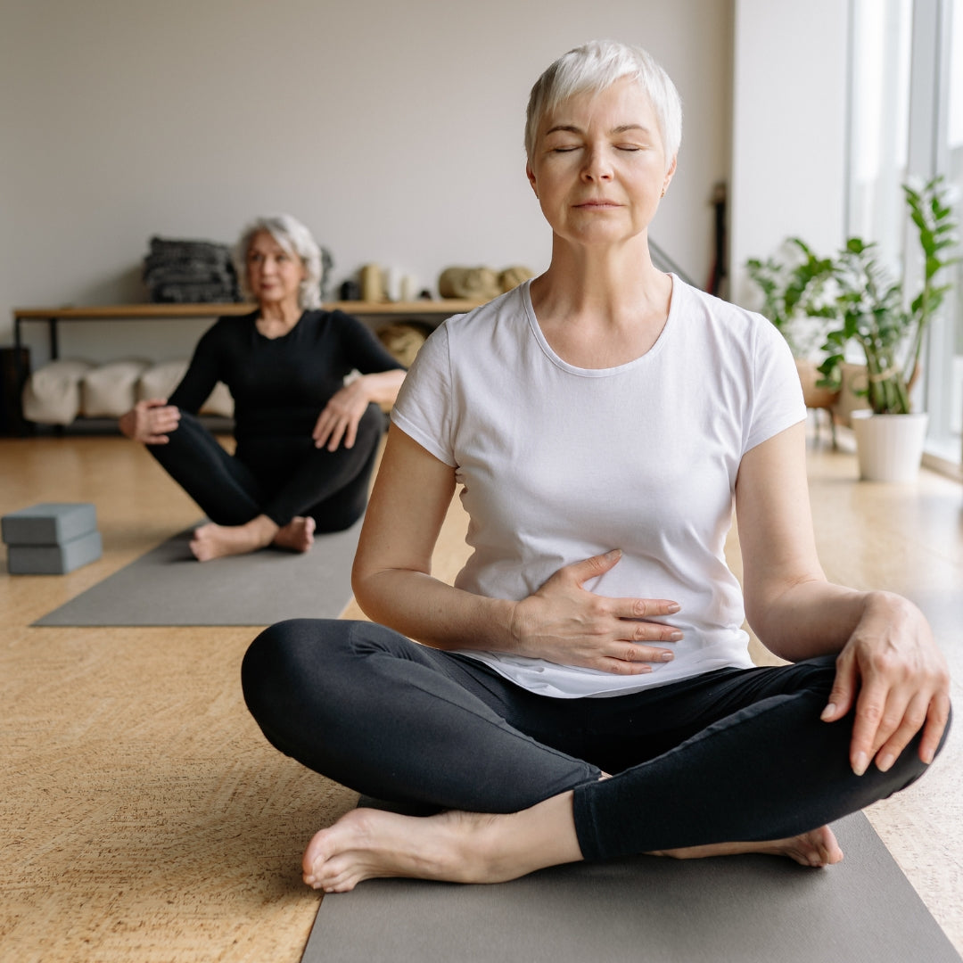 Two women practicing yoga in a home setting with plants and exercise equipment.